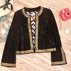Tory Burch Suede Chocolate Brown Jacket with Gold Accents